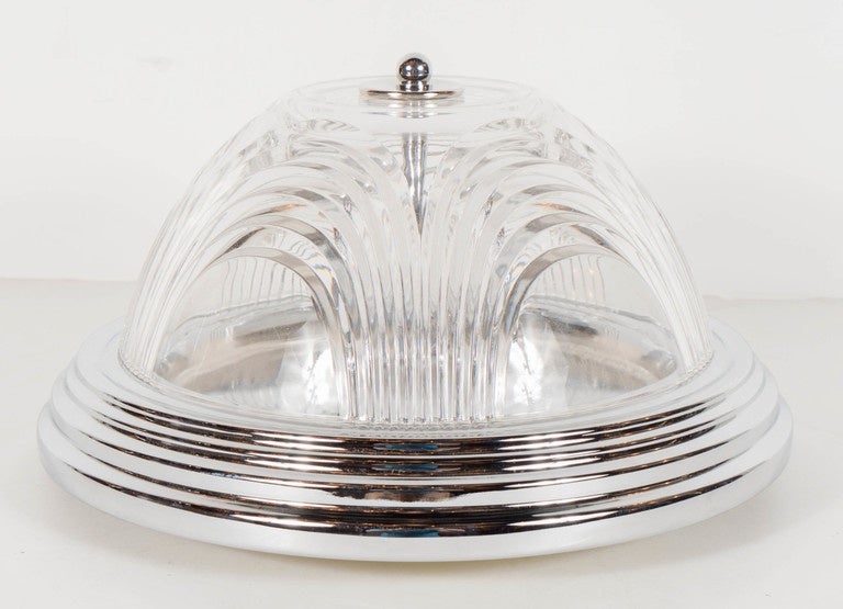 Late 20th Century Art Deco Style Flush Mount Chandelier with Chrome Fittings