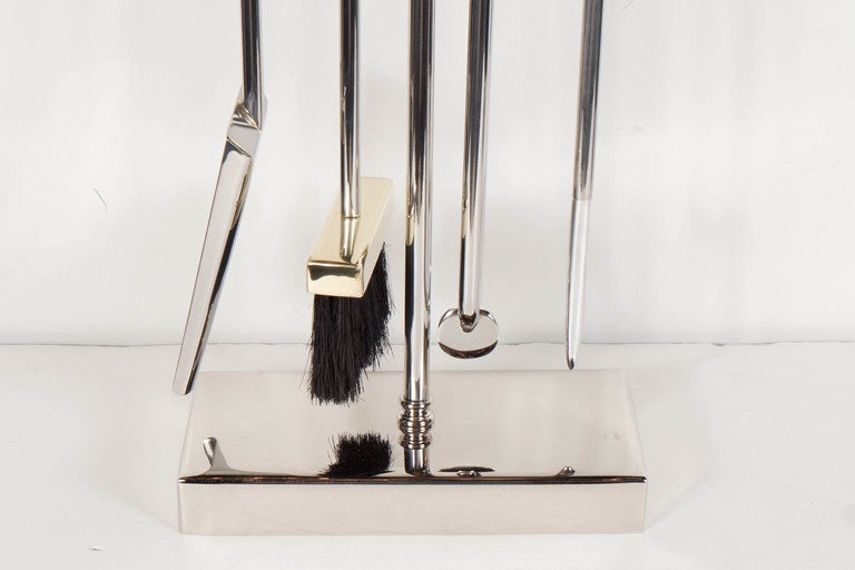 Modern Custom Four-Piece Fire Tool Set in Polished Nickel and Polished Brass Handles For Sale