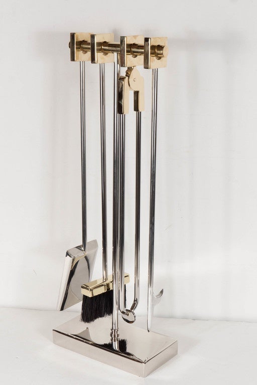 American Custom Four-Piece Fire Tool Set in Polished Nickel and Polished Brass Handles For Sale