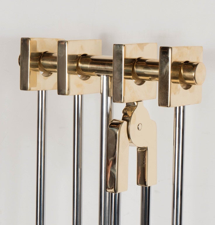 Contemporary Custom Four-Piece Fire Tool Set in Polished Nickel and Polished Brass Handles For Sale