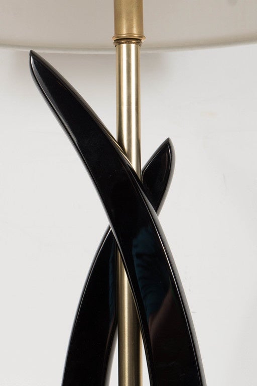 Mid-20th Century Pair of Mid-Century Modernist Sculptural Lamps in Ebonized Walnut and Brass