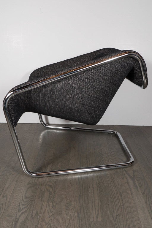 Late 20th Century Mid-Century Modernist Tubular Angled Cantilever Chair and Metallic Upholstery