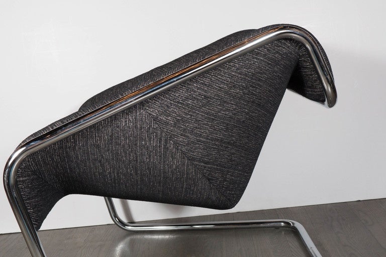 Chrome Mid-Century Modernist Tubular Angled Cantilever Chair and Metallic Upholstery
