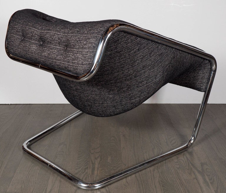 Mid-Century Modernist Tubular Angled Cantilever Chair and Metallic Upholstery 3