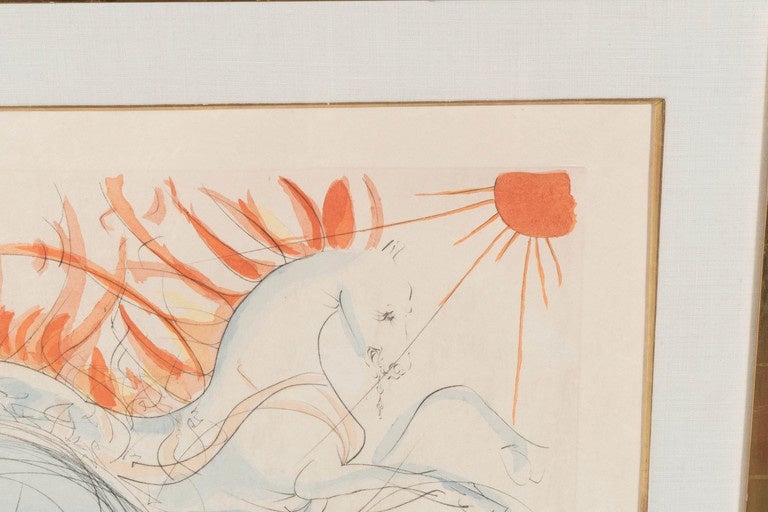 Espagnol Gravure d'origine avec coloration à la main par Salvador Dali « Elijah on His Chariot »
