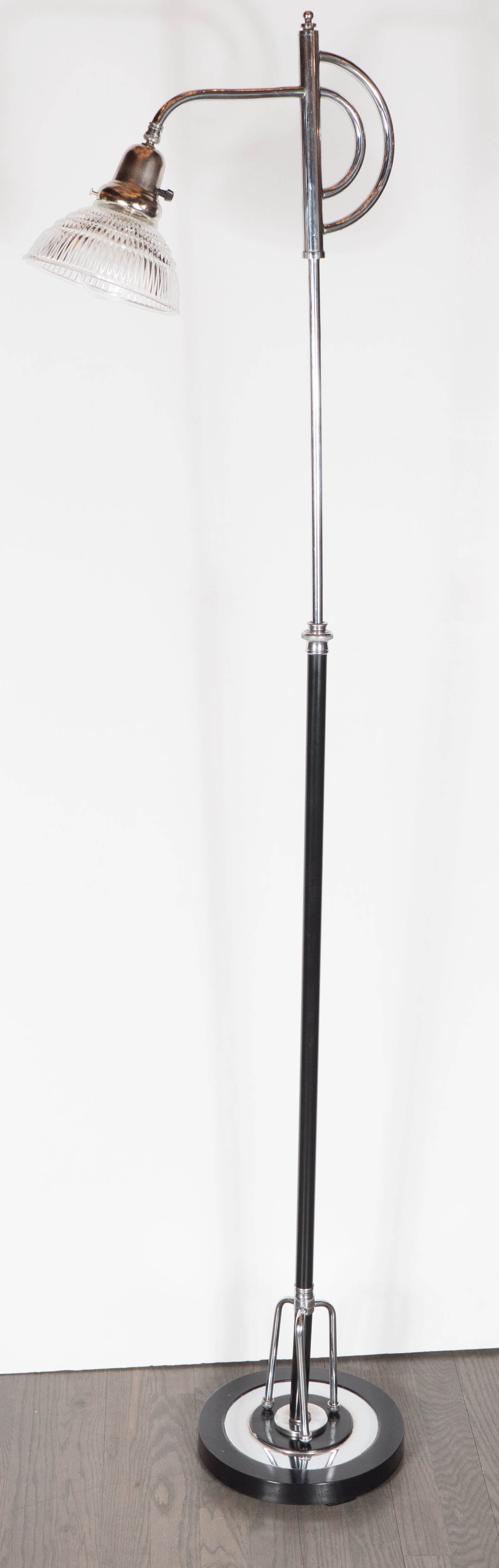 Art Deco Machine Age Floor Lamp in Chrome, Black Enamel and Ribbed Glass Shade
