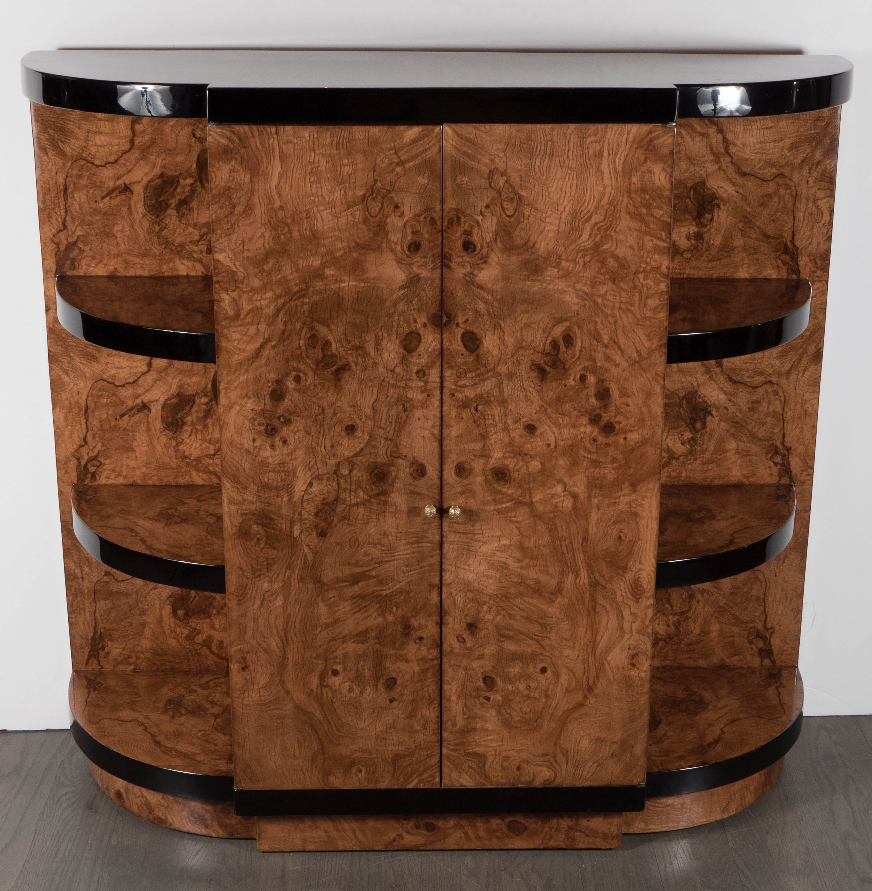 Streamline Art Deco Bar/ Cabinet in Book-Matched Exotic Walnut & Black Lacquer