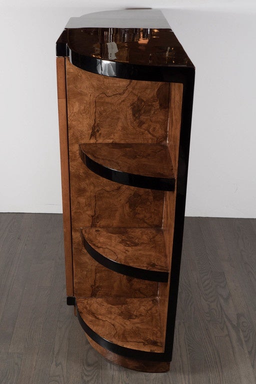 Streamline Art Deco Bar/ Cabinet in Book-Matched Exotic Walnut & Black Lacquer 4