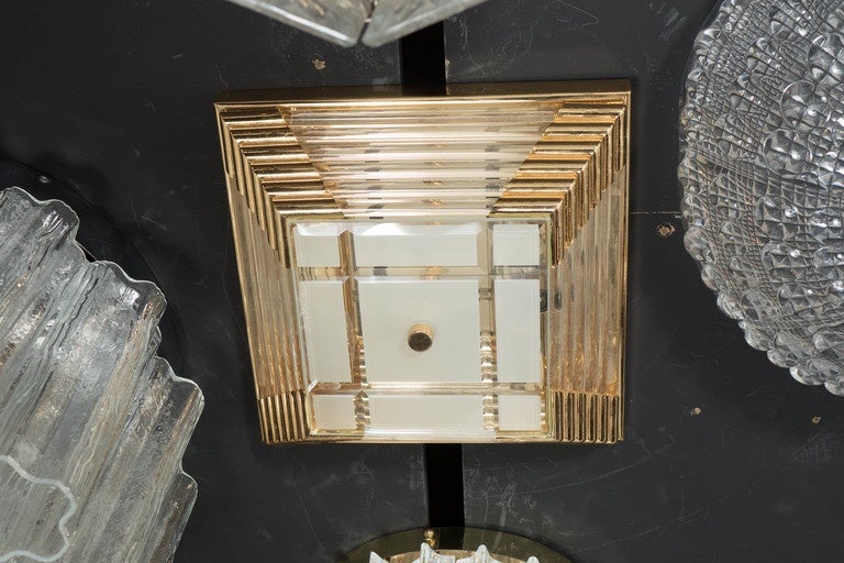 Mid-Century Brass, Frosted Glass and Glass Rod Square Flush Mount Chandelier