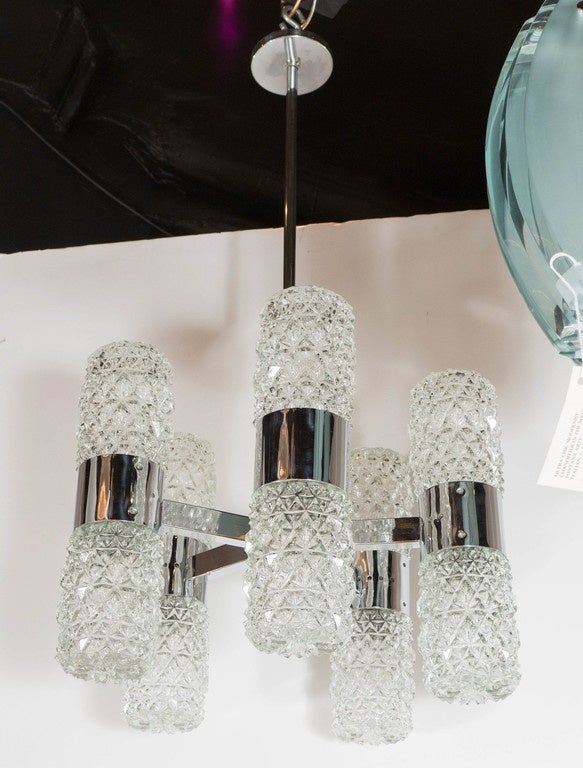 Austrian Mid-Century Modernist Chandelier by Kinkeldey in Chrome and Textured Glass For Sale