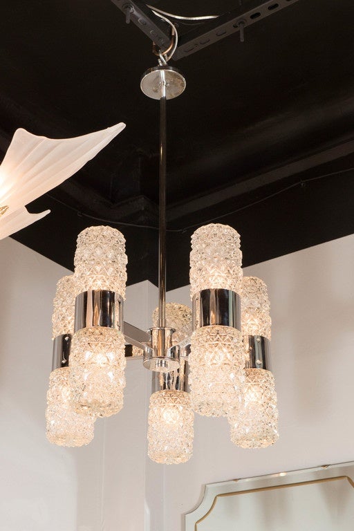 Mid-Century Modernist Chandelier by Kinkeldey in Chrome and Textured Glass In Excellent Condition For Sale In New York, NY