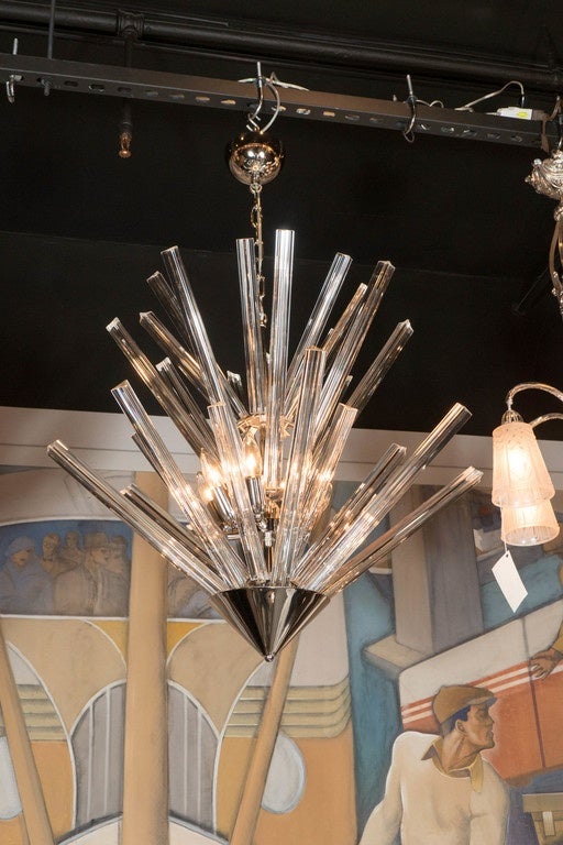 Italian Modernist Hand Blown Murano Chrome & Camer Triedre Crystal Starburst Chandelier For Sale