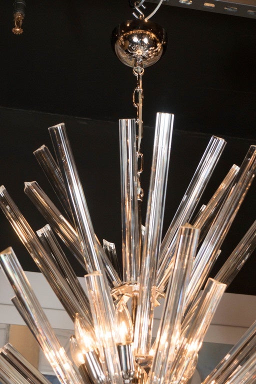 Modernist Hand Blown Murano Chrome & Camer Triedre Crystal Starburst Chandelier In Excellent Condition For Sale In New York, NY