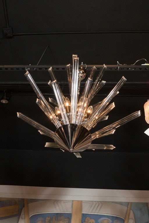 Contemporary Modernist Hand Blown Murano Chrome & Camer Triedre Crystal Starburst Chandelier For Sale