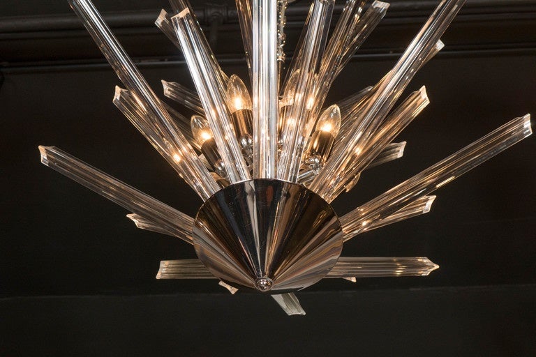 Modernist Hand Blown Murano Chrome & Camer Triedre Crystal Starburst Chandelier For Sale 1