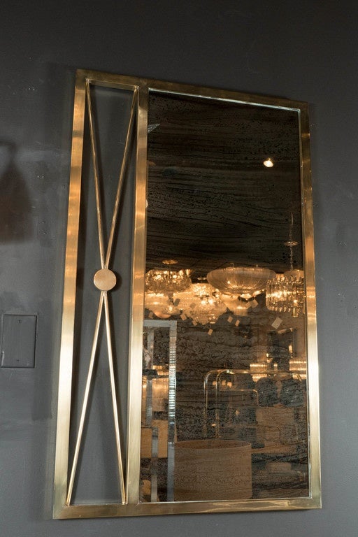 American Mid-Century Modernist X-Form Mirror in Brass by Paul McCobb