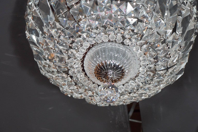 1940's Hollywood Cut Crystal drop-down flush mount chandelier with crystal and silvered fittings.  This elegant flush mount chandelier features a band of numerous square diamond cut crystals that are attached to its silvered invisibly-hung canopy