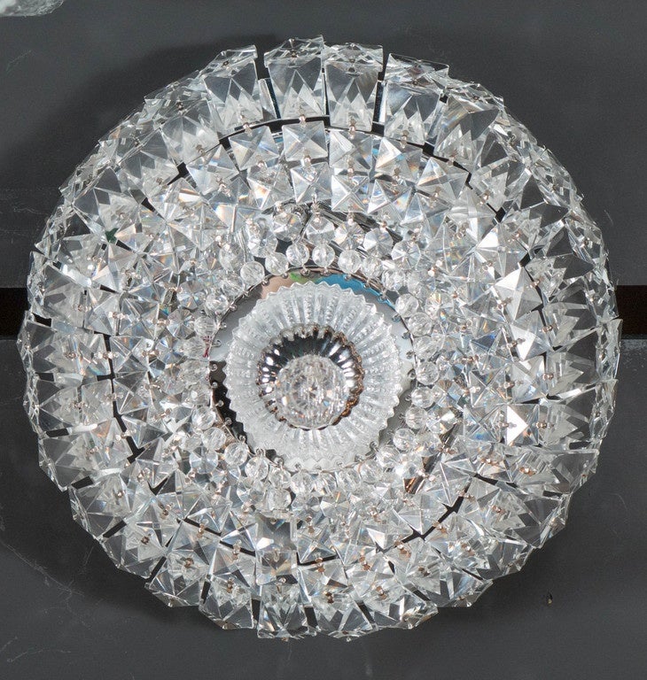 Hollywood Regency 1940's Hollywood Cut Crystal Drop-Down Flush Mount Chandelier For Sale