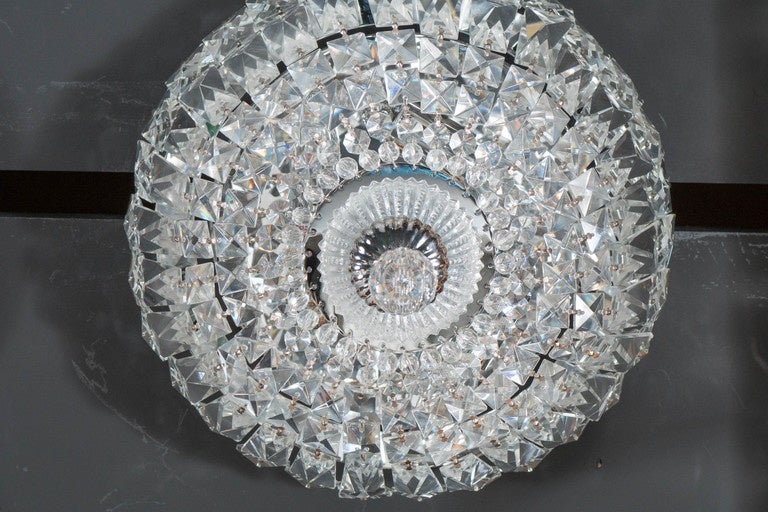 American 1940's Hollywood Cut Crystal Drop-Down Flush Mount Chandelier For Sale