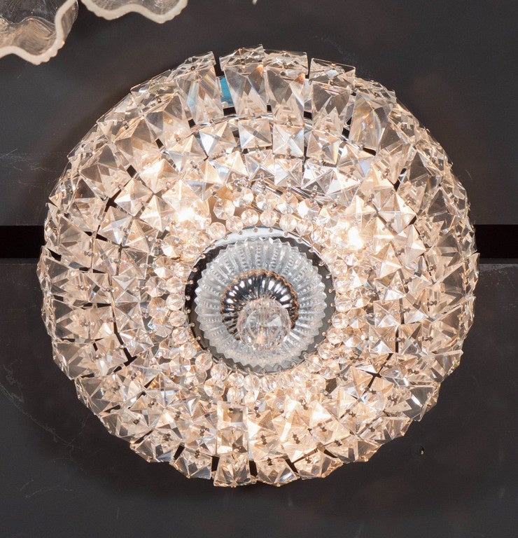 1940's Hollywood Cut Crystal Drop-Down Flush Mount Chandelier In Excellent Condition For Sale In New York, NY