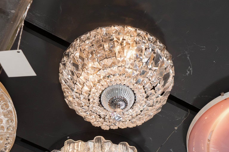 Mid-20th Century 1940's Hollywood Cut Crystal Drop-Down Flush Mount Chandelier For Sale