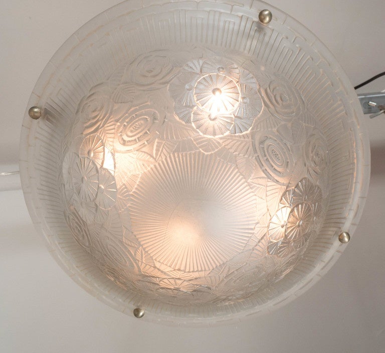 French High Style Art Deco Relief Cubist & Geometric Frosted Glass Chandelier by Degue For Sale