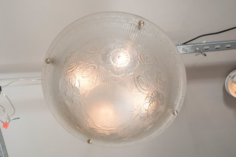 High Style Art Deco Relief Cubist & Geometric Frosted Glass Chandelier by Degue In Excellent Condition For Sale In New York, NY