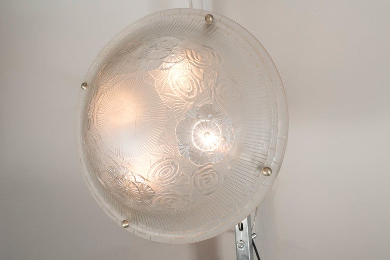 Mid-20th Century High Style Art Deco Relief Cubist & Geometric Frosted Glass Chandelier by Degue For Sale