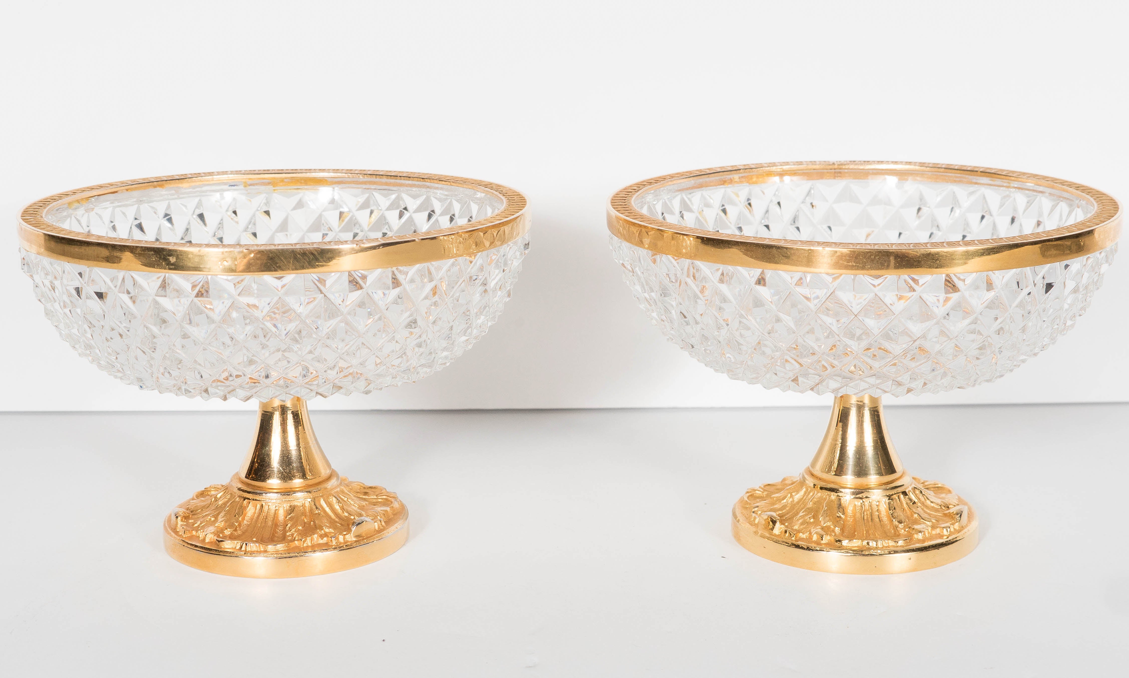 Elegant Pair of Early 20th Century French Gilt Bronze and Crystal Compotes