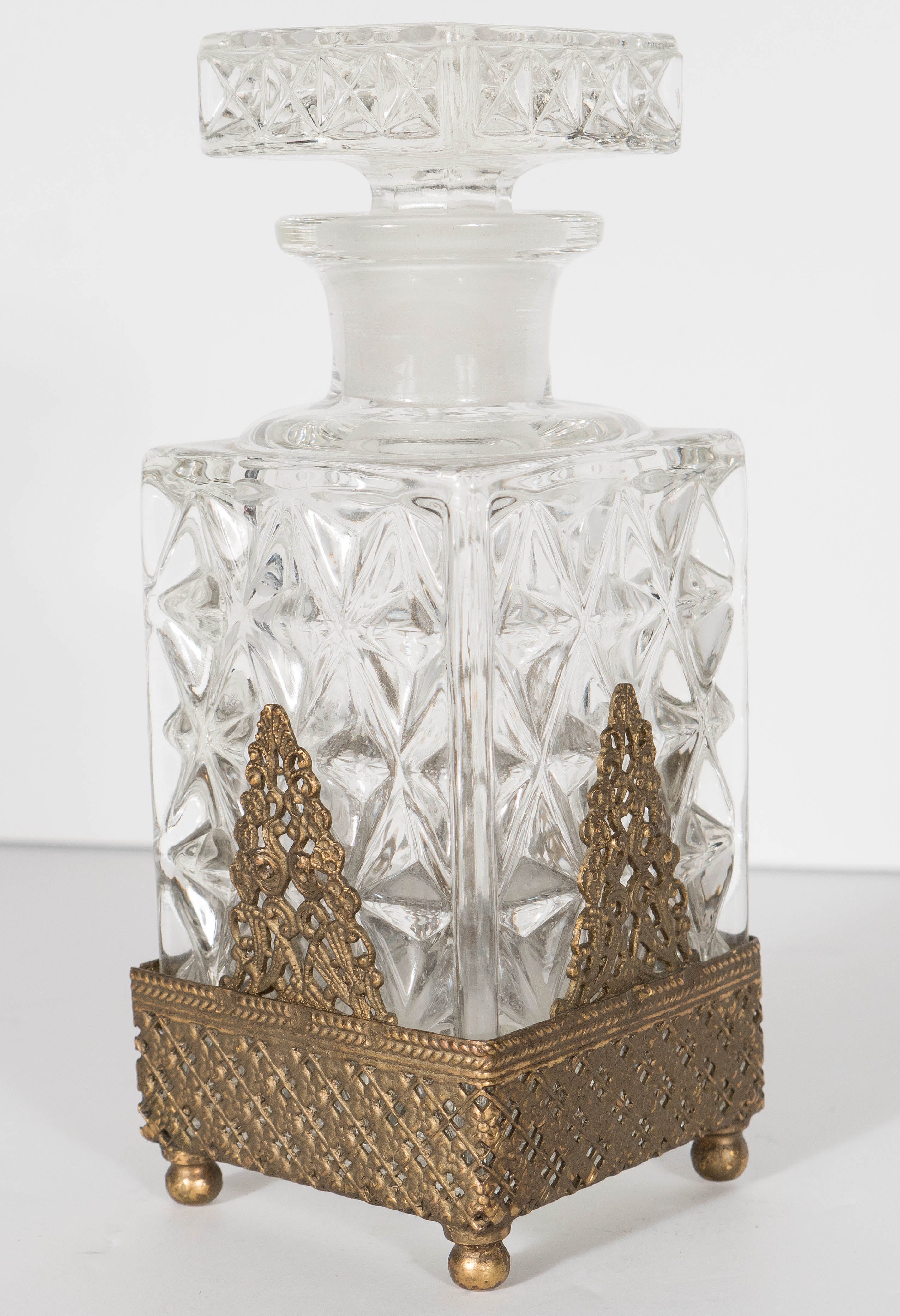 Antique Perfume Bottle in Carved Glass with Gilt Stand