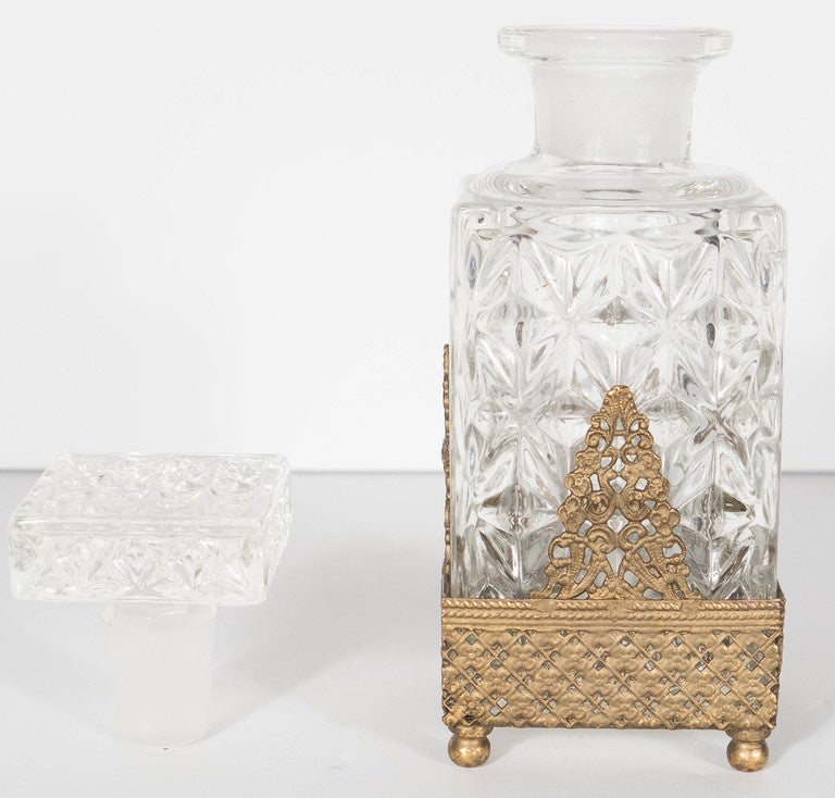 Antique Perfume Bottle in Carved Glass with Gilt Stand In Excellent Condition In New York, NY