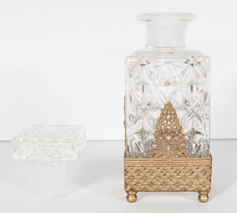 Early 20th Century Antique Perfume Bottle in Carved Glass with Gilt Stand