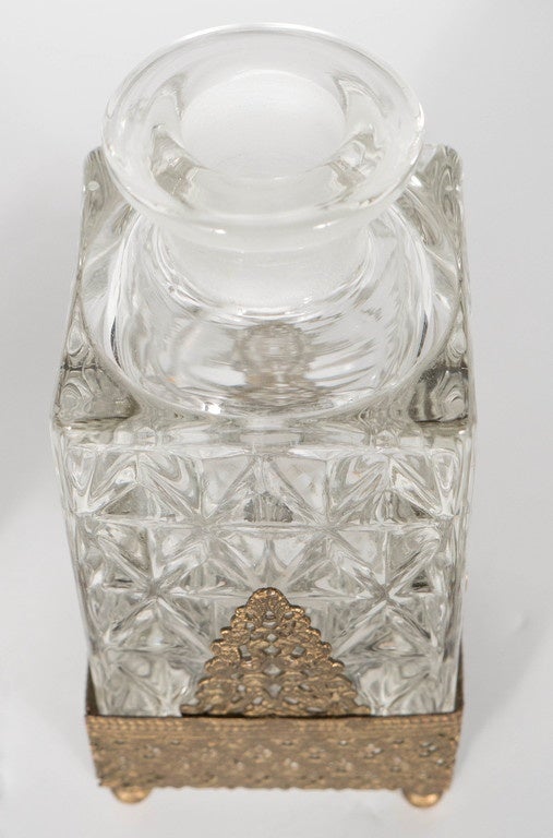 Antique Perfume Bottle in Carved Glass with Gilt Stand 1