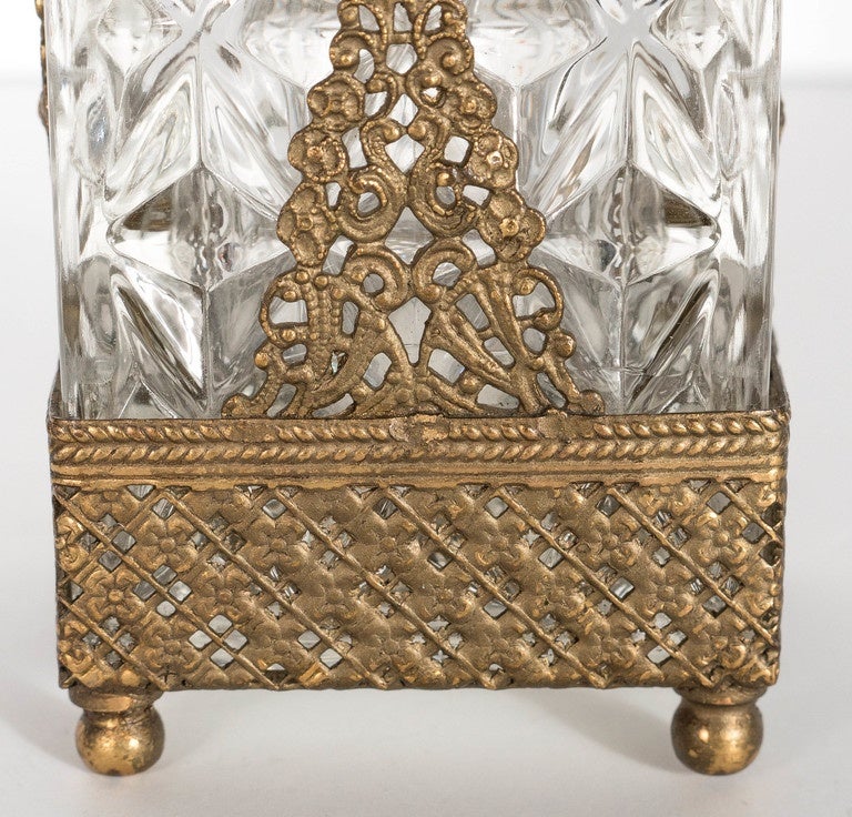 Antique Perfume Bottle in Carved Glass with Gilt Stand 3