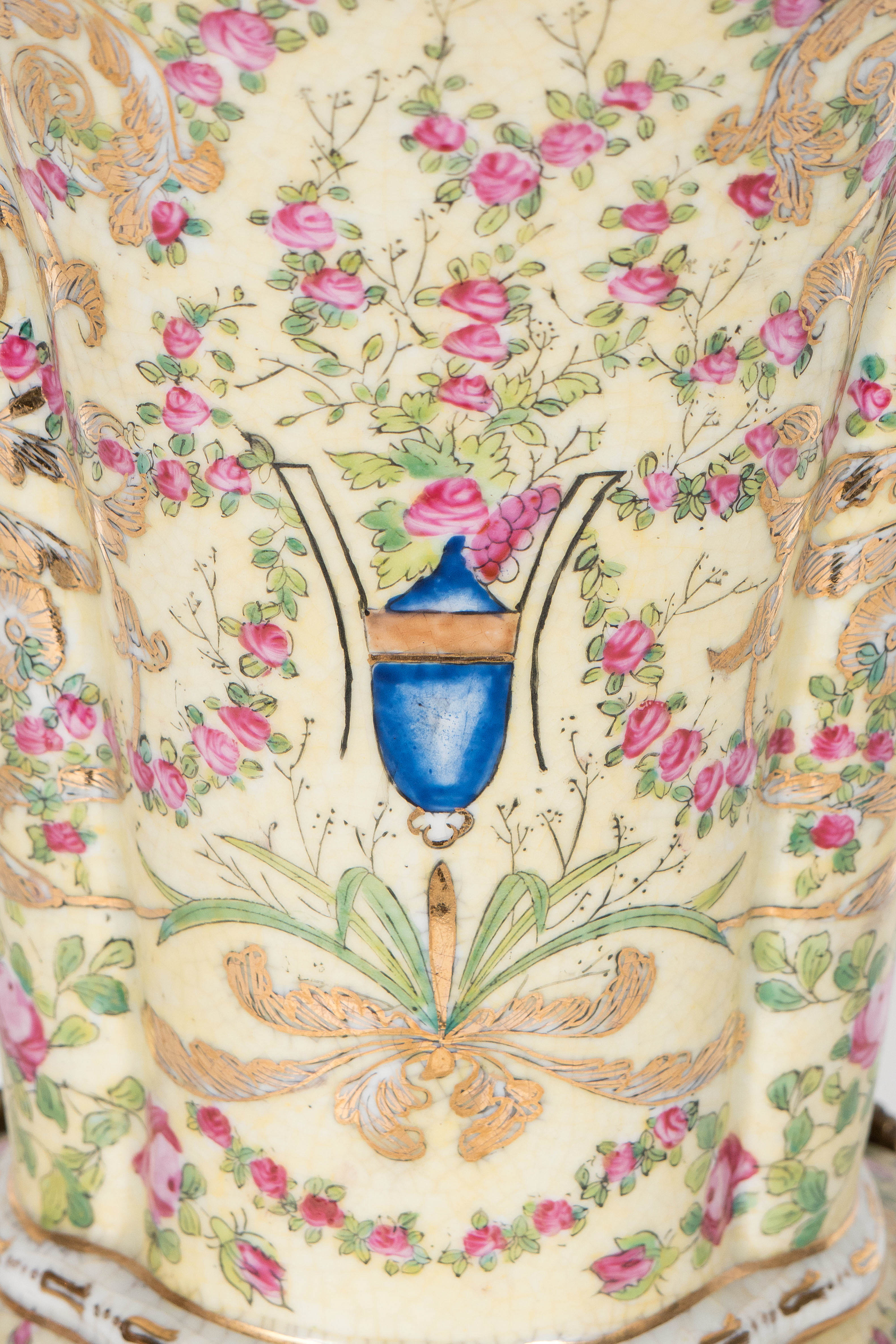 Neoclassical Porcelain Vase with Flora and Foliate Motifs, Brass Pedestal and Gilt Accent