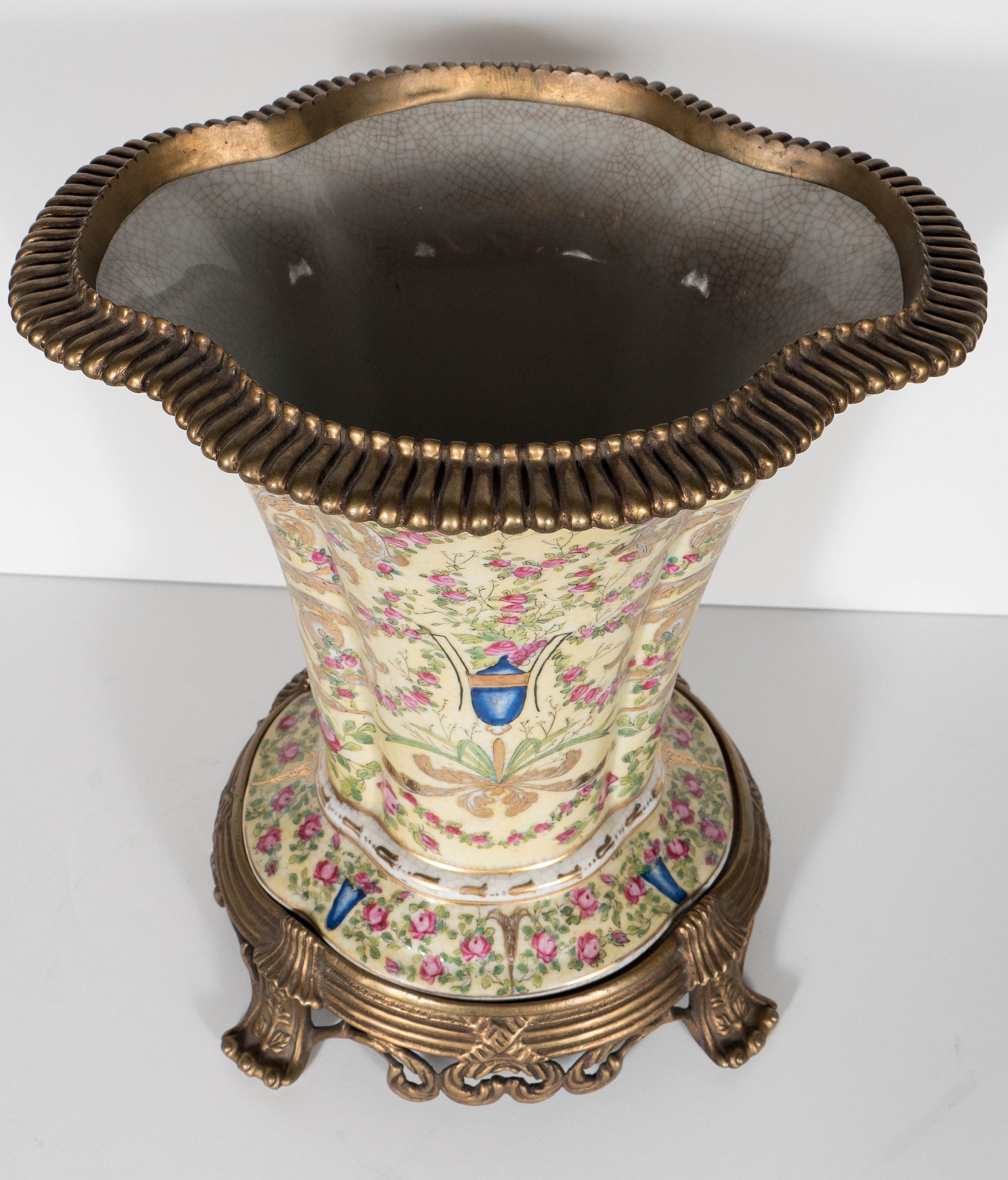 Chinese Porcelain Vase with Flora and Foliate Motifs, Brass Pedestal and Gilt Accent