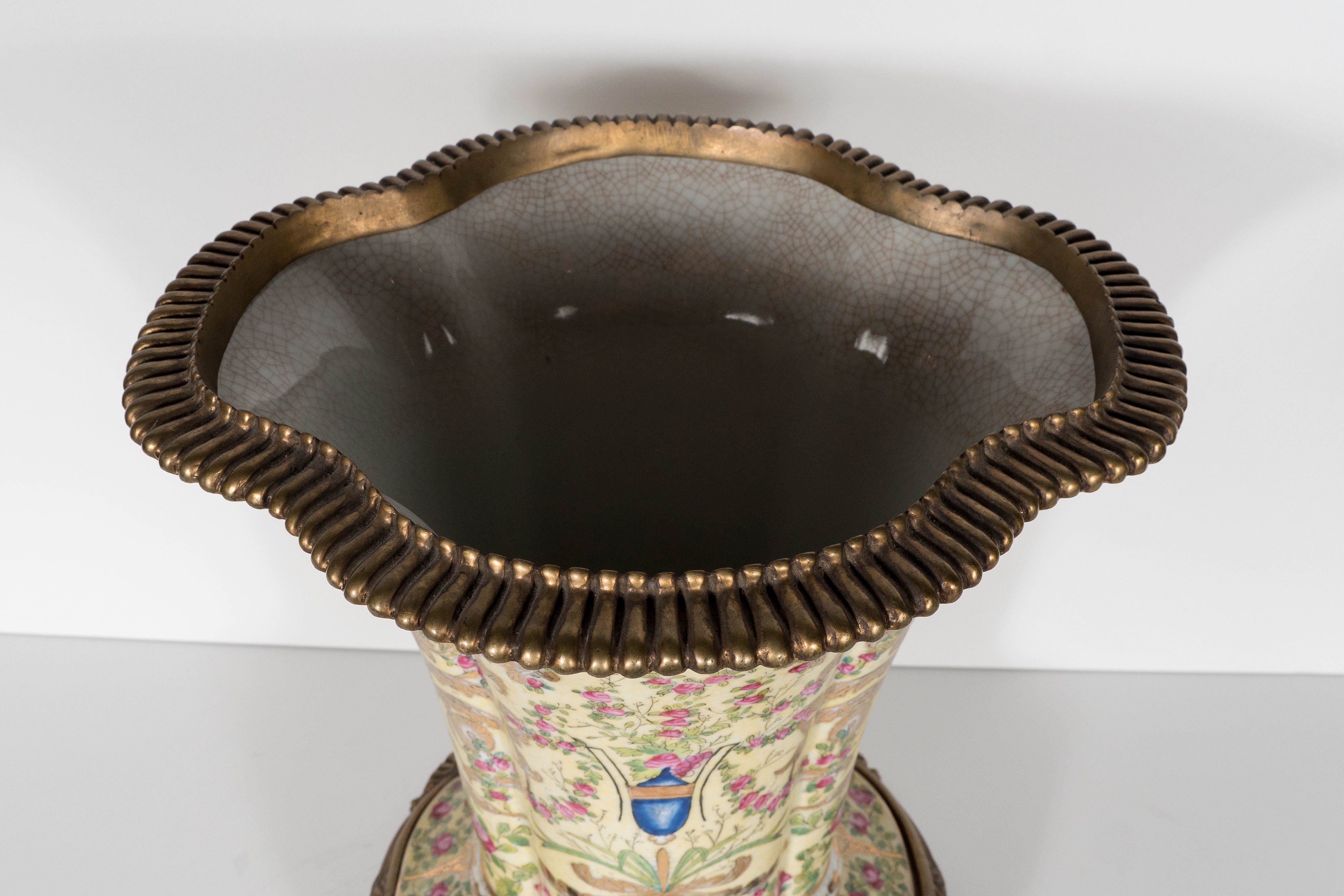 Porcelain Vase with Flora and Foliate Motifs, Brass Pedestal and Gilt Accent In Excellent Condition In New York, NY