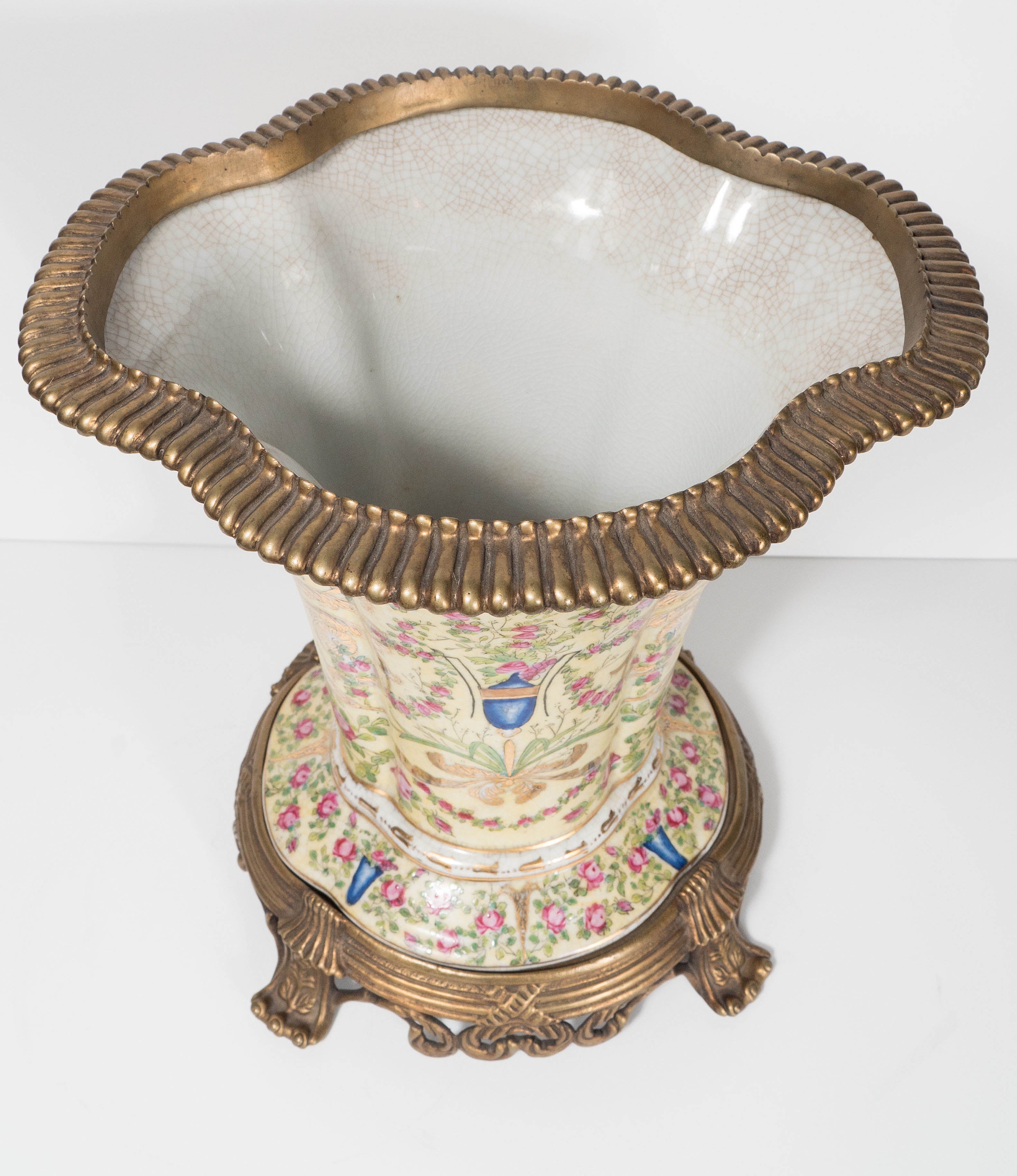 20th Century Porcelain Vase with Flora and Foliate Motifs, Brass Pedestal and Gilt Accent