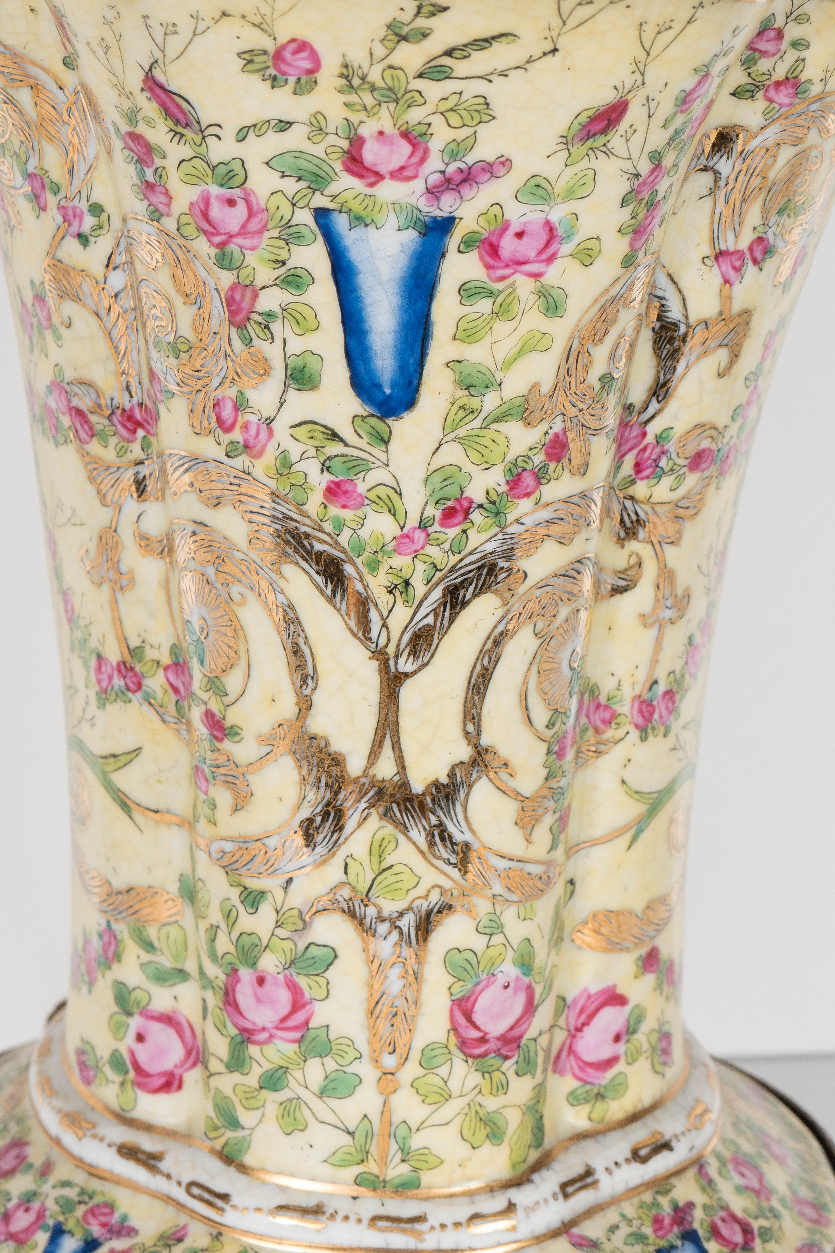 Porcelain Vase with Flora and Foliate Motifs, Brass Pedestal and Gilt Accent 2