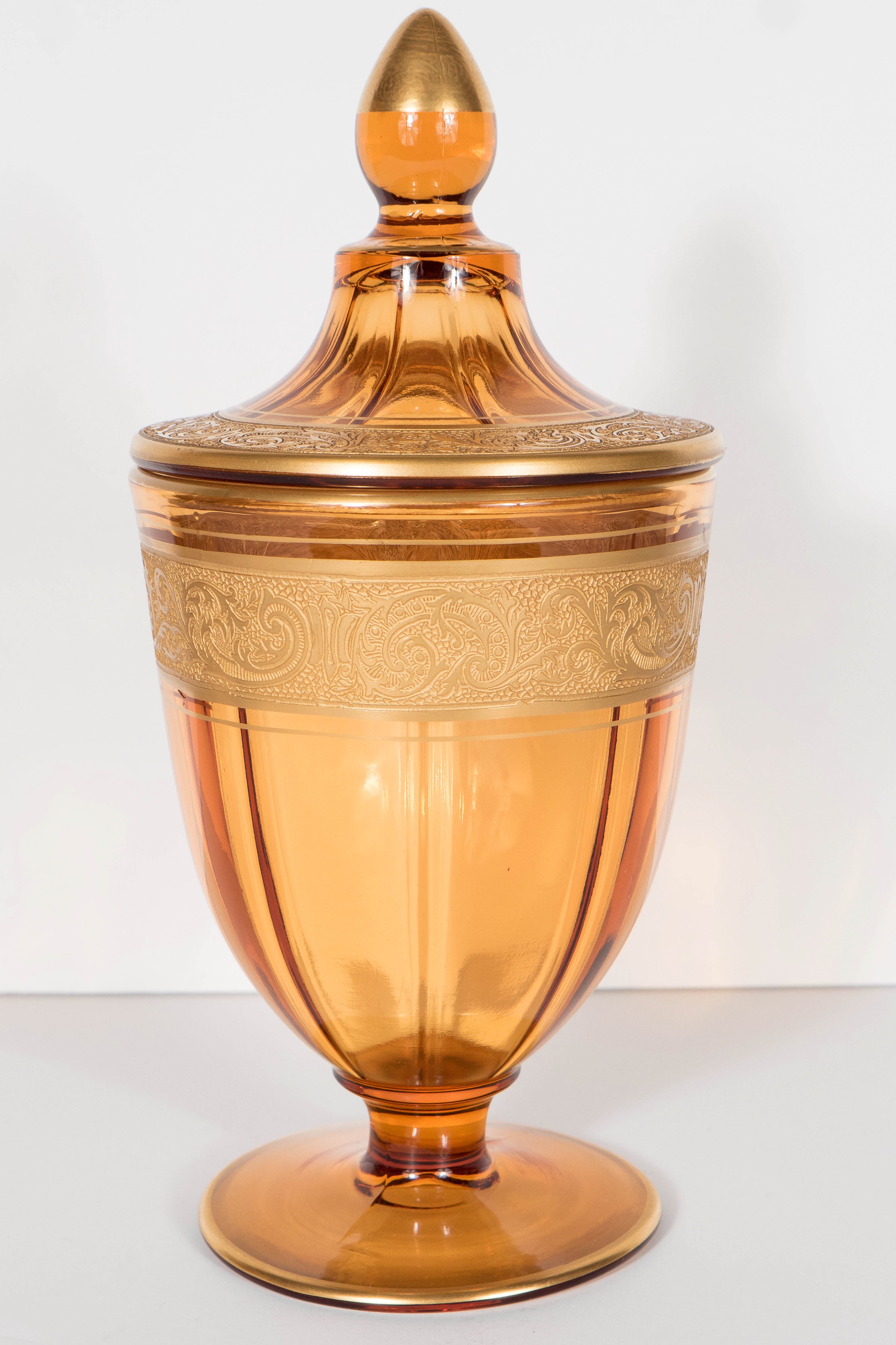 Art Deco Amber Glass Covered Dish with 24-Karat Gold Detailing