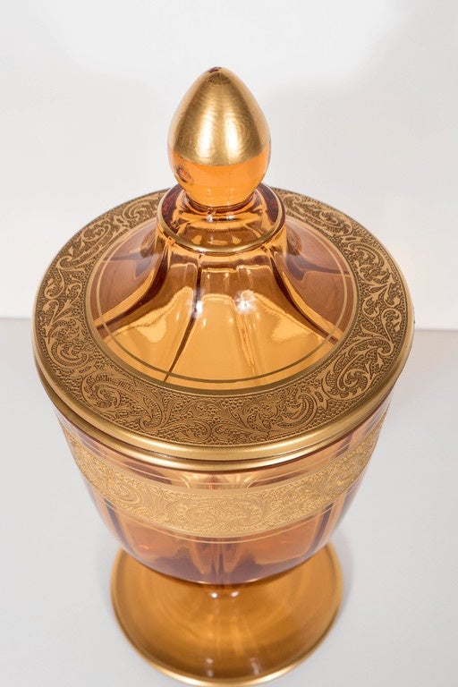 Art Deco Amber Glass Covered Dish with 24-Karat Gold Detailing In Excellent Condition In New York, NY