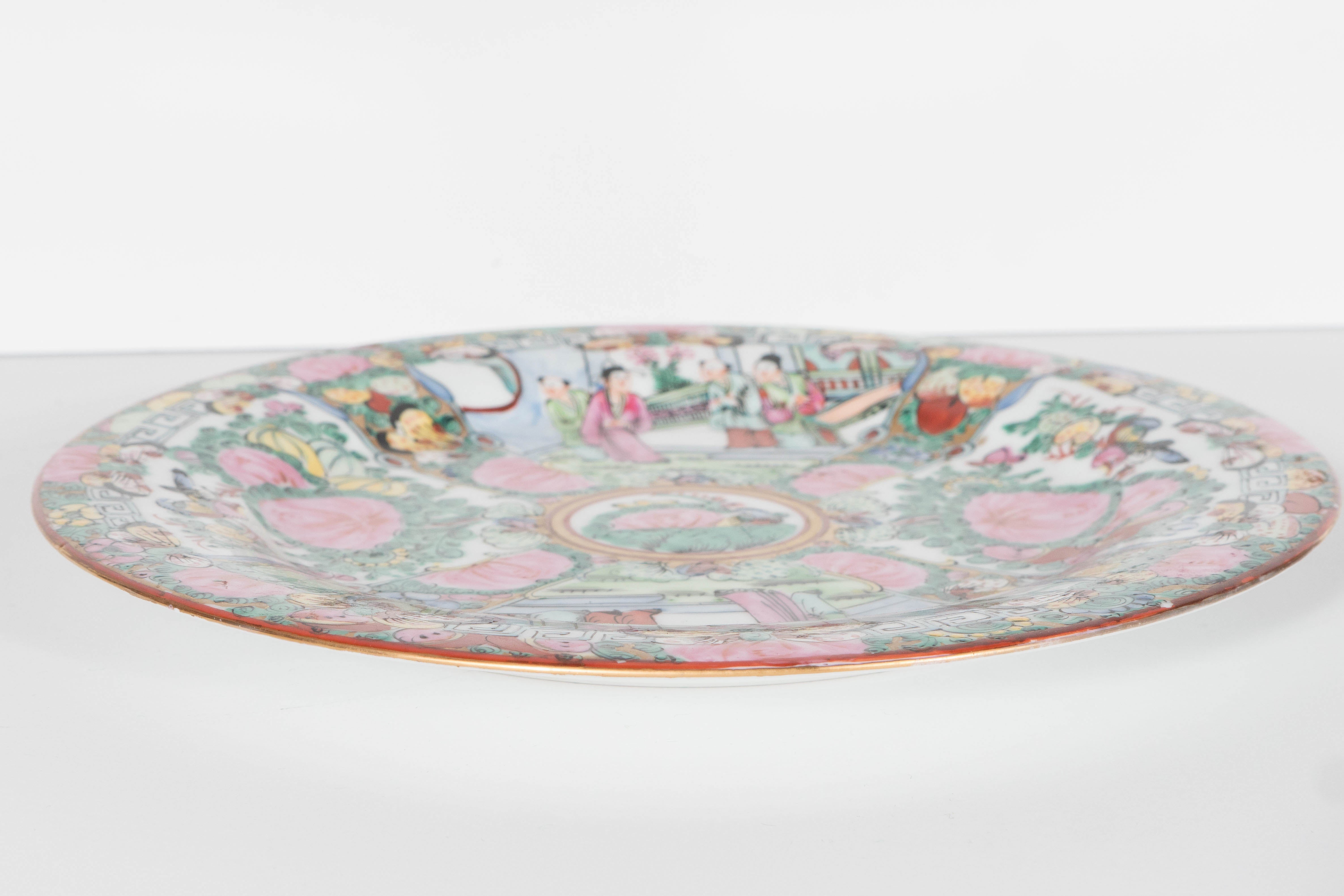 Mid-20th Century Chinese Rose Medallion Porcelain Plate with Floral and Everyday Life Decoration