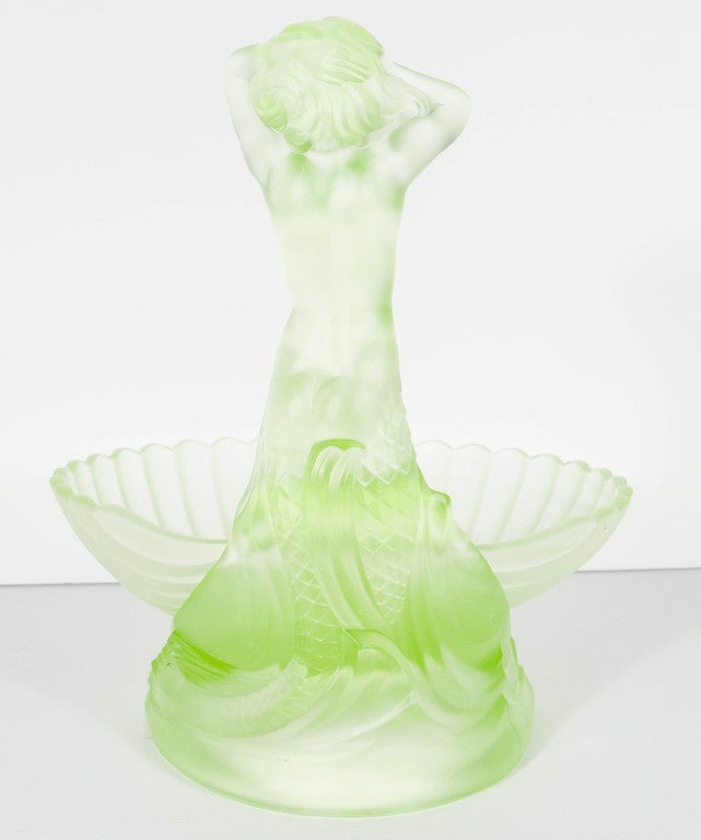 Art Deco Mermaid and Clam Shell Vaseline Glass Candy or Serving Dish In Excellent Condition In New York, NY