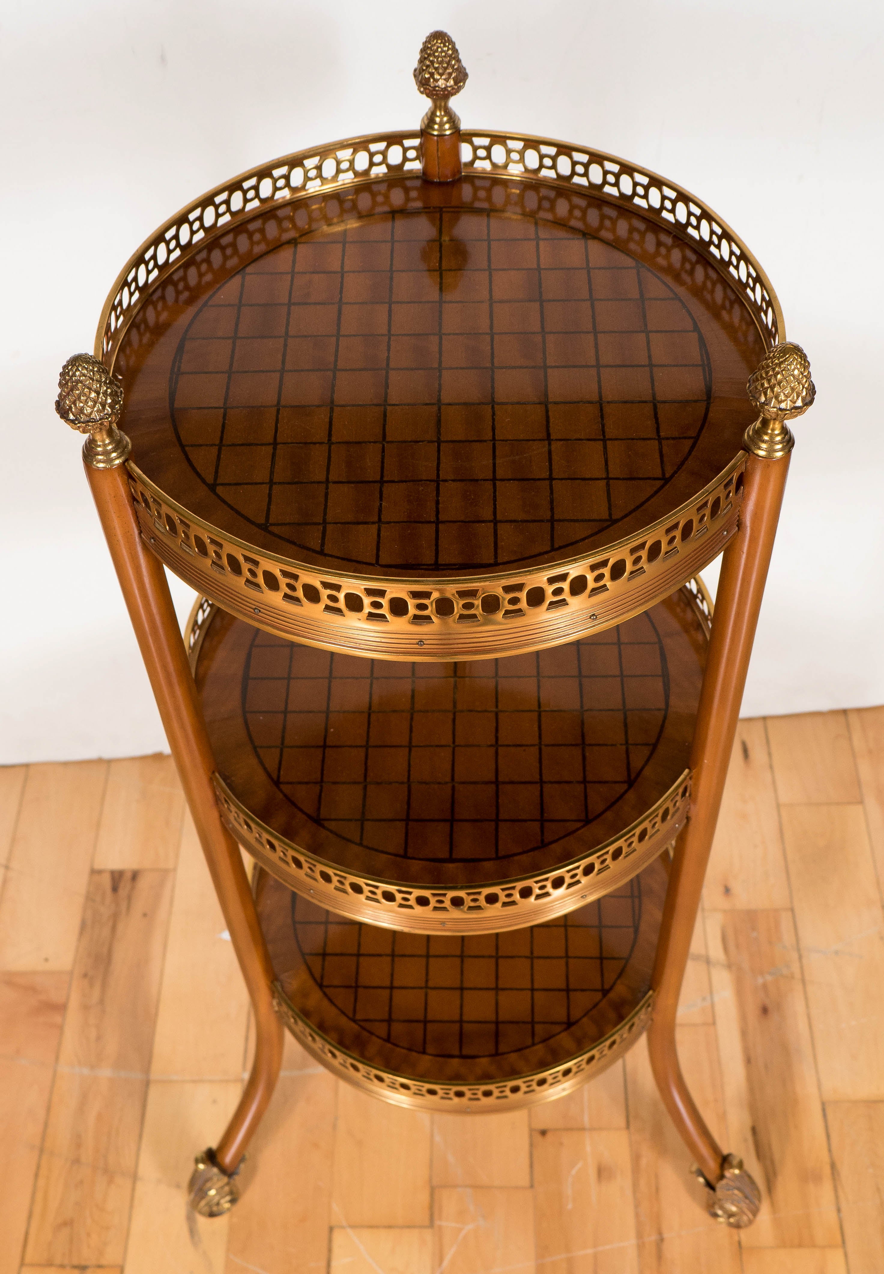 Elegant Three-Tiered Table in Amboyna Wood with Gilded Brass Cage and Accent 1