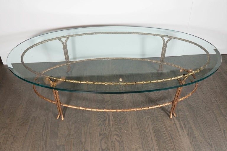 Mid-Century Modern Elegant Bagues Gilt Bronze Oval Cocktail Table with Beveled Glass Top