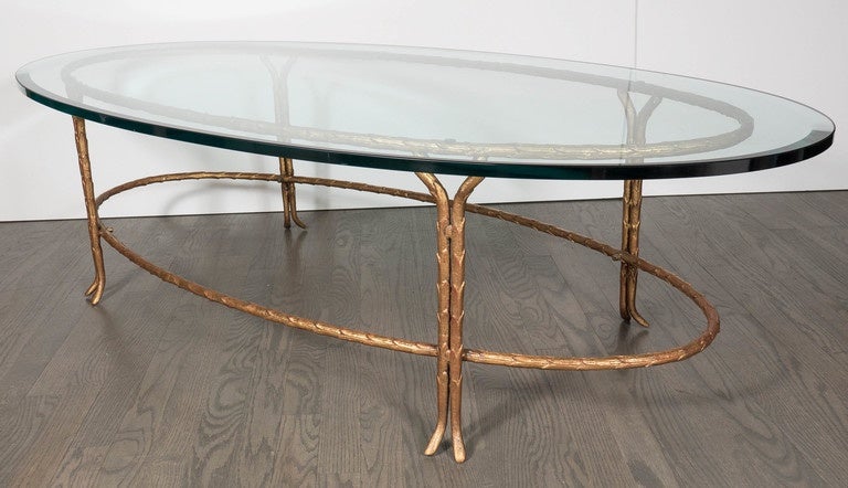 French Elegant Bagues Gilt Bronze Oval Cocktail Table with Beveled Glass Top