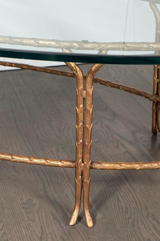 Elegant Bagues Gilt Bronze Oval Cocktail Table with Beveled Glass Top In Excellent Condition In New York, NY