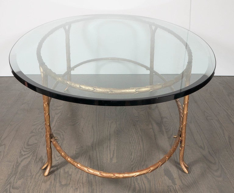 Mid-20th Century Elegant Bagues Gilt Bronze Oval Cocktail Table with Beveled Glass Top
