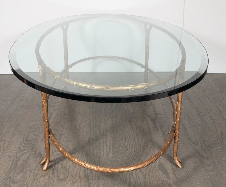 Elegant Bagues Gilt Bronze Oval Cocktail Table with Beveled Glass Top