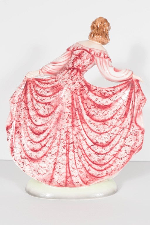 Mid-20th Century Ceramic Girl in Lace Foliage Rose Dress by Stephan Dakon for Goldscheider
